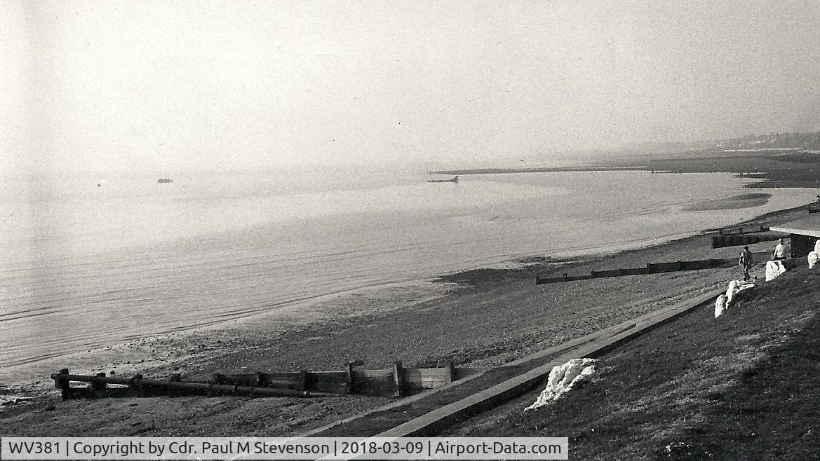 WV381, Hawker Hunter GA.11 C/N 41H/670827, WV381 sitting in the sea off the end of the runway at 'HMS Daedalus'. Taken by my late father, Cdr. Paul Malcolm Stevenson, on the day or the day after the incident. He was at the time stationed at Daedalus in the MARTSU section. David Stevenson