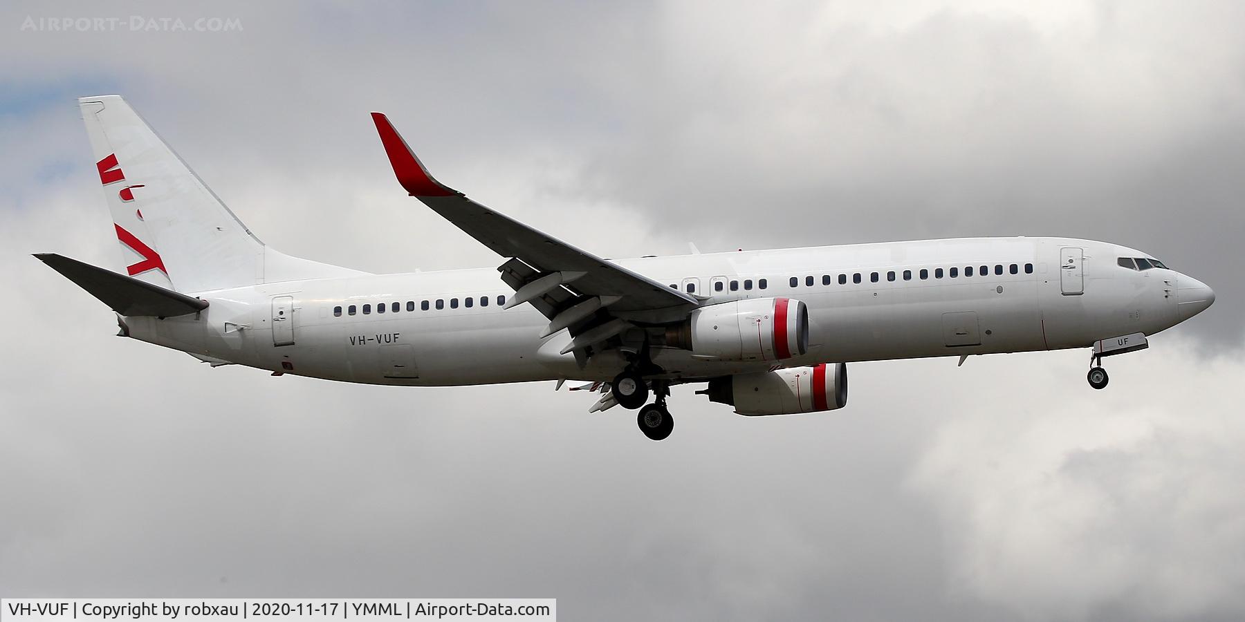 VH-VUF, 2005 Boeing 737-8FE C/N 34168, Returned to lessor from the now defunct Virgin Australia, this aircraft has now been leased to regional operator REX (regional expresss). Seen here with Virgin titles painted out on one of its training flights on approach to Melbourne runway 16 .