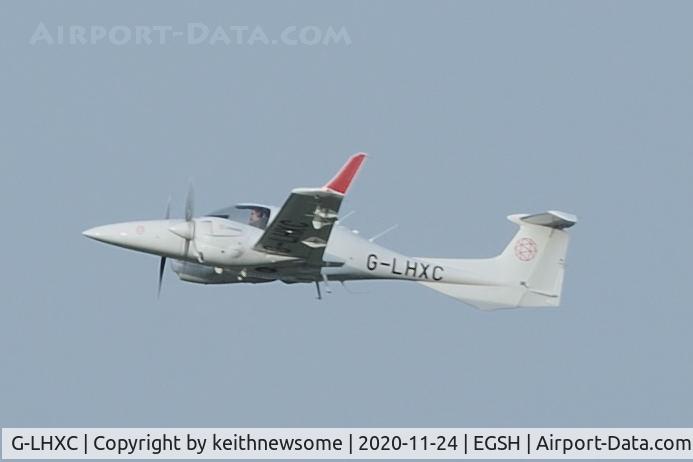 G-LHXC, 2019 Diamond DA-42 NG Twin Star C/N 42.N253, Leaving Norwich.