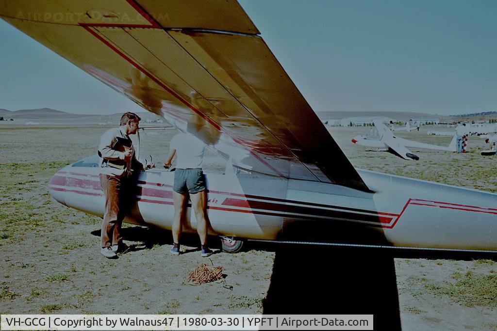 VH-GCG, 1973 Let L-13 Blanik C/N 025424, Under-wing close-cropped view of Canberra Gliding Club Blanik L-13 VH-GCG Cn 025424 at Polo Flat YPFT (at Cooma NSW) on 30Mar1980. I was later taken on a 0.4 hour local flight in Blanik L-13 VH-GCG by ‘Triple C’ Glider Pilot ‘ARW’ (dark image - apologies)
