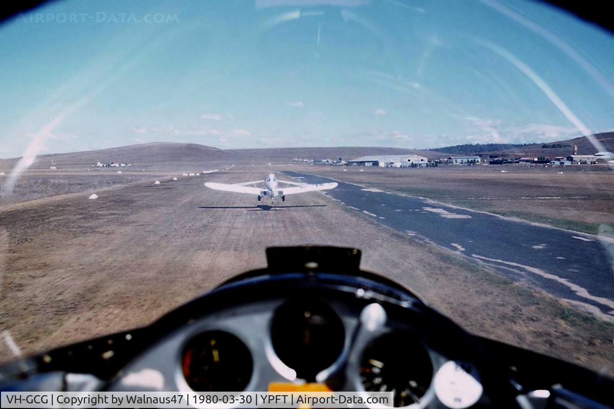 VH-GCG, 1973 Let L-13 Blanik C/N 025424, Forward View from Canberra Gliding Club Blanik L-13 VH-GCG Cn 025424 just airborne behind tug at Polo Flat YPFT (at Cooma NSW) on 30Mar1980. The Blanik is being towed aloft by Canberra Gliding Club Piper PA-25-235 Pawnee B VH-MLS Cn 25-3809.