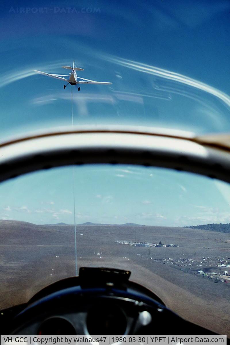 VH-GCG, 1973 Let L-13 Blanik C/N 025424, Airborne forward view from Canberra Gliding Club Blanik L-13 VH-GCG Cn 025424 airborne at Polo Flat YPFT (at Cooma NSW) on 30Mar1980. The Blanik is being towed aloft by Canberra Gliding Club Piper PA-25-235 Pawnee B VH-MLS Cn 25-3809.