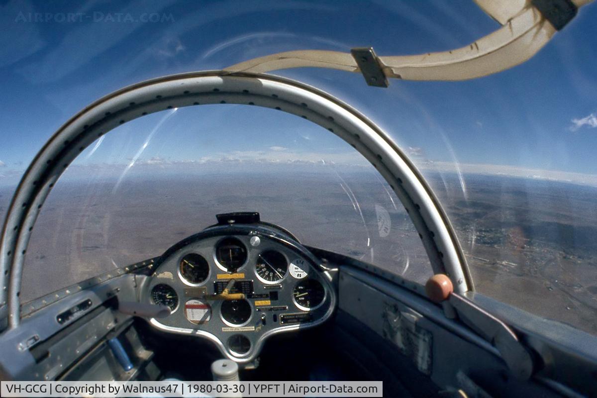 VH-GCG, 1973 Let L-13 Blanik C/N 025424, Airborne Cockpit view from Canberra Gliding Club Let L-13 Blanik Glider VH-GCG Cn 025424 over Cooma NSW (launched from Polo Flat YPFT) on 30Mar1980. The canopy developed a crack, which grew Like Topsy - too late to ‘stop drill’ the crack in the Perspex!