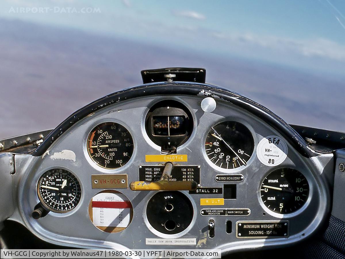 VH-GCG, 1973 Let L-13 Blanik C/N 025424, Airborne view of the front Instrument panel in Canberra Gliding Club Let L-13 Blanik Glider VH-GCG Cn 025424 over Cooma NSW (launched from Polo Flat YPFT) on 30Mar1980. Note Pre-Flight Checklist Mnemonic ‘CHAOTIC’ on the panel.