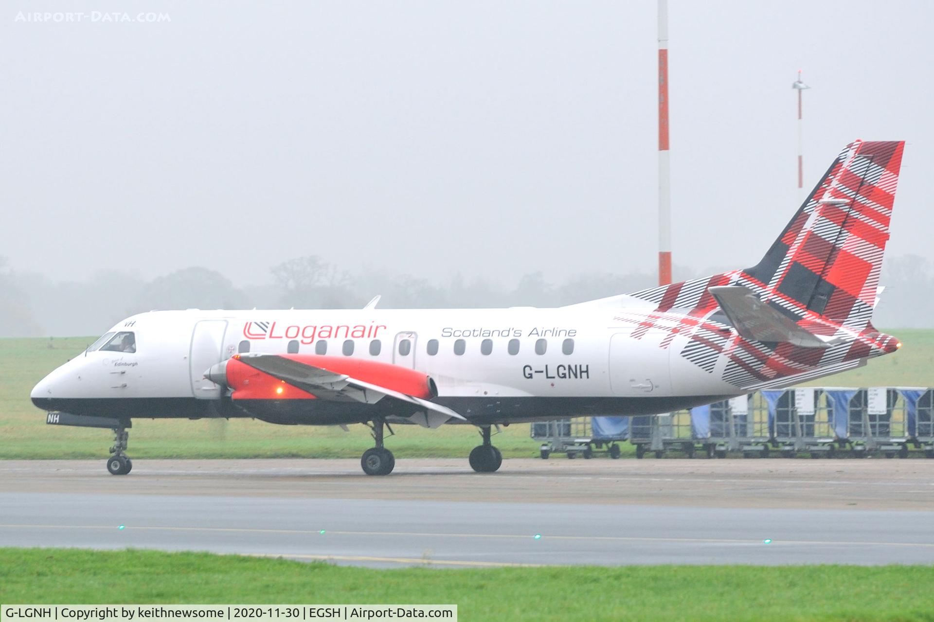 G-LGNH, 1993 Saab SF340B C/N 340B-333, Leaving Norwich for Aberdeen.