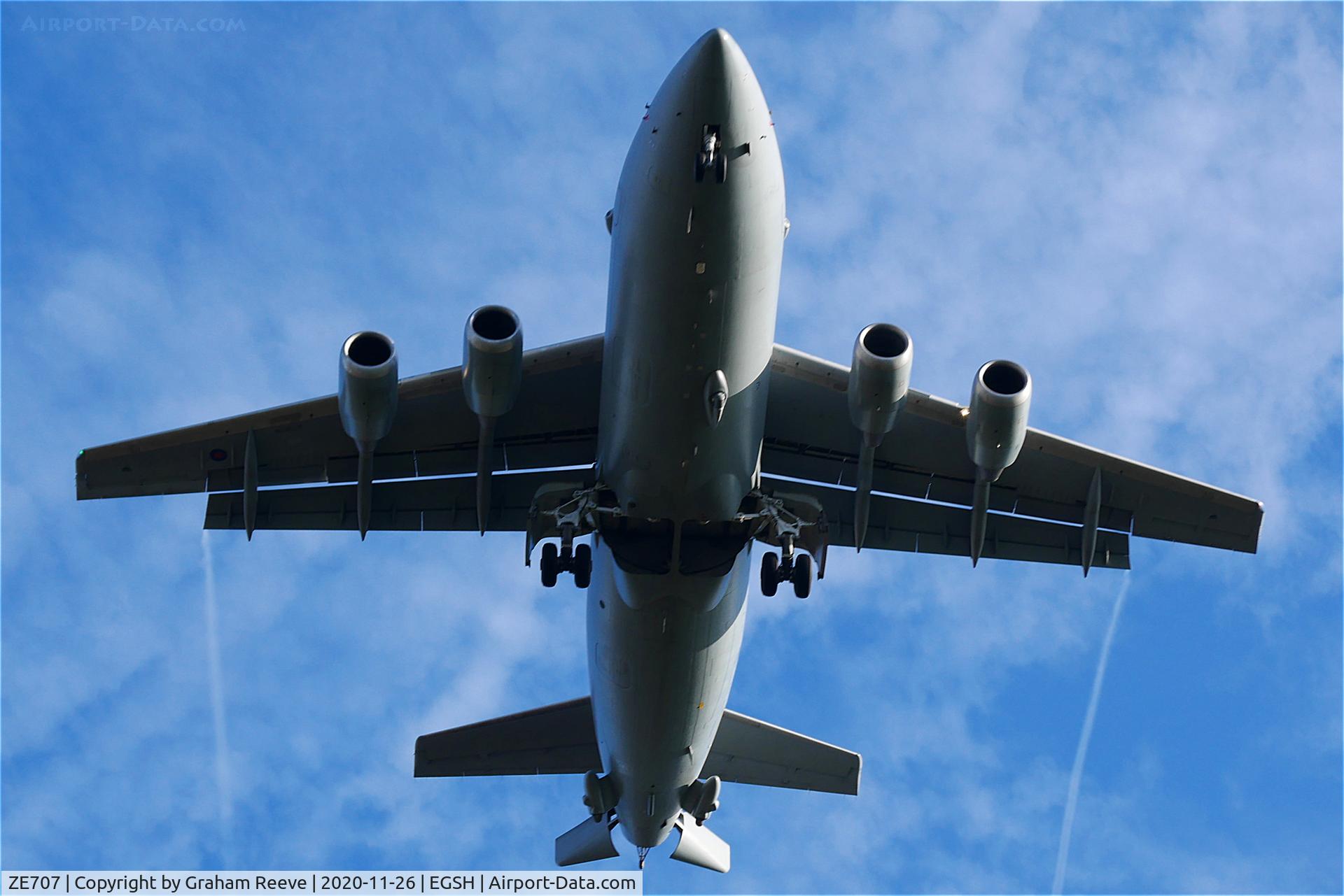 ZE707, 1991 British Aerospace BAe.146-200QC Quick Change C/N E2188, On approach to Norwich.