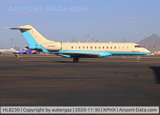 HL8230, 2010 Bombardier Global Express (BD-700-1A10) C/N 9384, Aircraft arrived from GMP 11/30/2020. Shown at Customs & Immigration. South Cargo Ramp PHX.