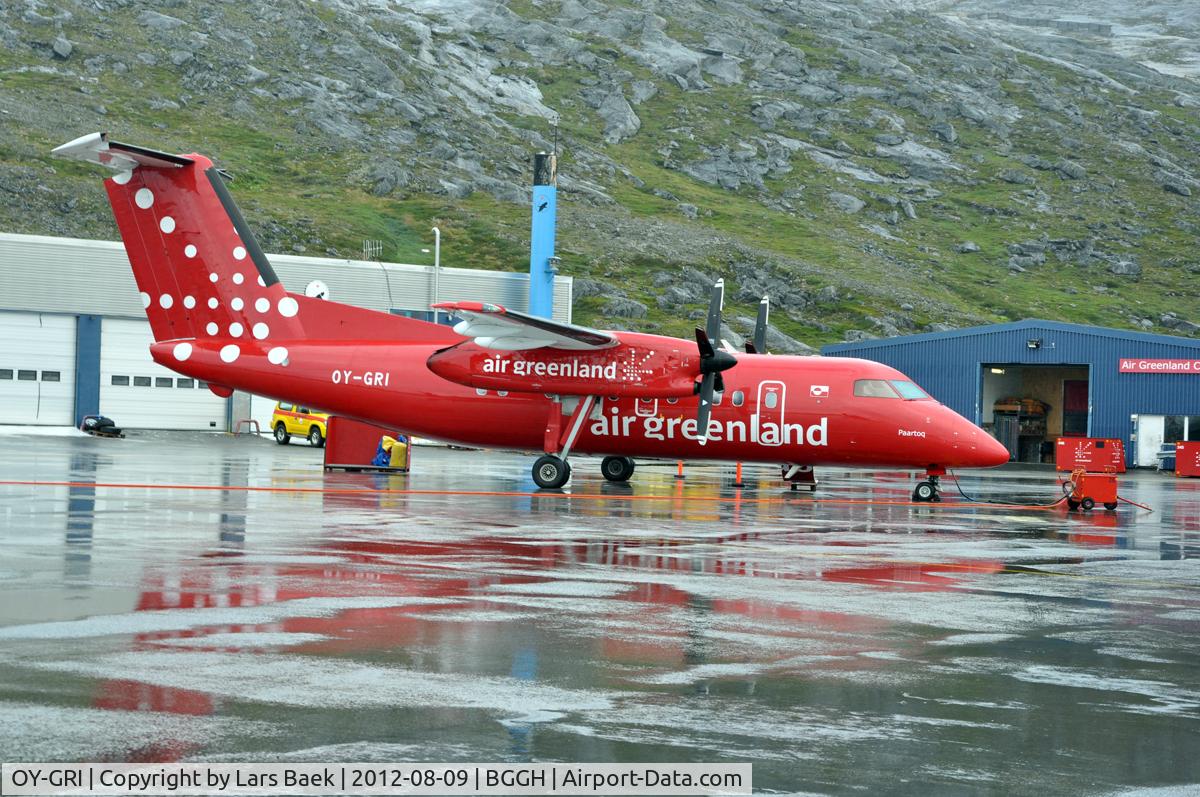 OY-GRI, 1997 De Havilland Canada DHC-8-202 Dash 8 C/N 477, A De Havilland Canada DHC-8-202 operated by Air Greenland was involved in a gear collapse and runway excursion accident at Ilulissat Airport (JAV), Greenland. Flight GL-3205 originated in Kangerlussuaq, Greenland. 29-01-2014
