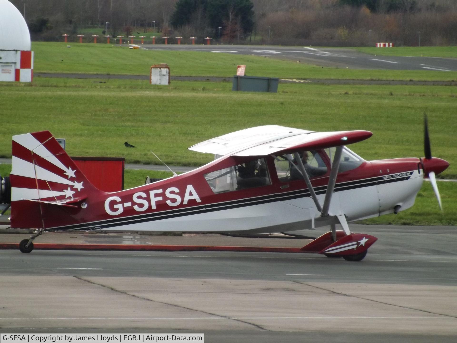 G-SFSA, 1995 American Champion 8KCAB Decathlon C/N 751-95, At Gloucestershire Airport on its first flight from Croft Farm airstrip.