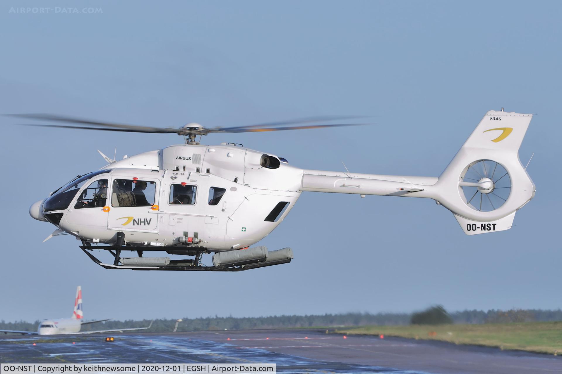 OO-NST, 2018 Airbus Helicopters H-145 (BK-117D-2) C/N 20221, Arriving at Norwich from Ostend.