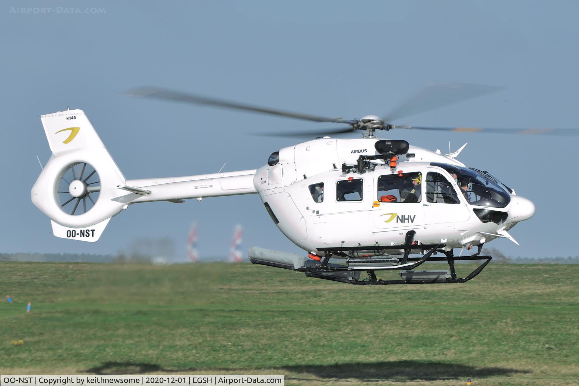 OO-NST, 2018 Airbus Helicopters H-145 (BK-117D-2) C/N 20221, Leaving Norwich for Doncaster.