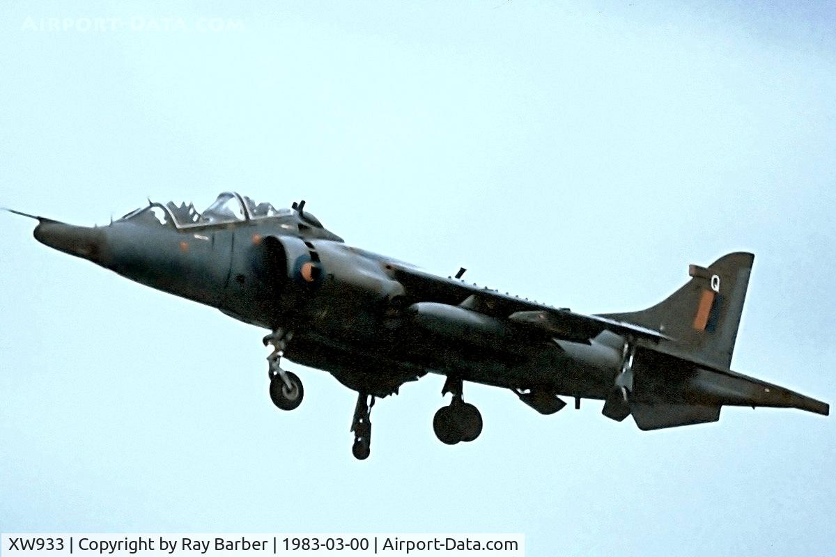 XW933, Hawker Siddeley Harrier T.4 C/N 212016, XW933   Hawker Siddeley Harrier T.4 [212016] (Royal Air Force) (Place & Date Unknown) @ 03/1983