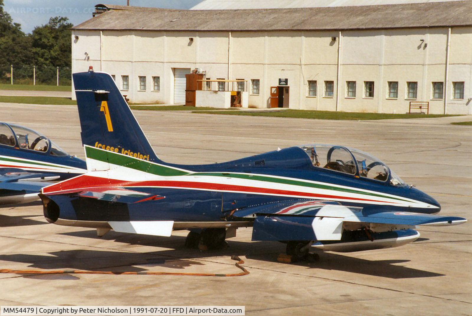 MM54479, Aermacchi MB-339PAN C/N 6674/069/AD008, MB.339PAN of the Italian Air Force's Frecce Tricolori display team at the 1991 Interntional Air Tattoo at RAF Fairford, Gloucestershire.