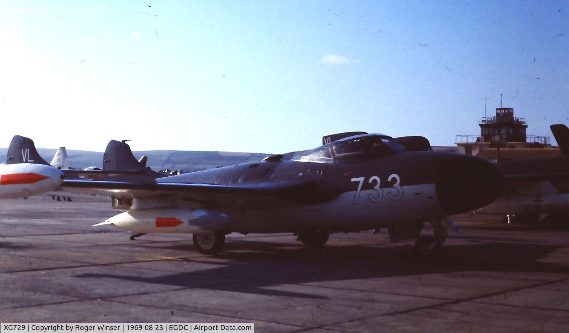 XG729, 1957 De Havilland DH-112 Sea Venom FAW.22 C/N 121130, RN Sea Venom coded 733/VL operated by Airworks for the ADTU based at RNAS Yeovilton.  Photo taken at the 1969 RAF Chivenor Air Day.