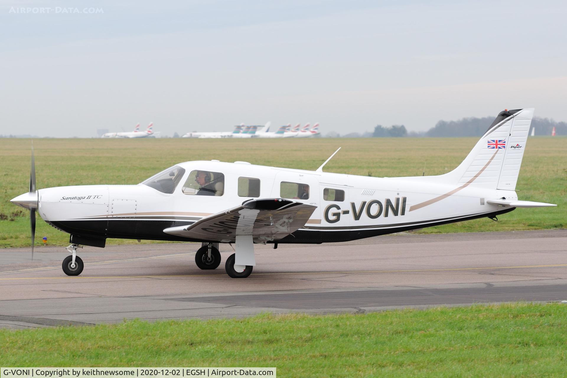 G-VONI, 2006 Piper PA-32R-301T Turbo Saratoga Turbo Saratoga C/N 3257441, Arriving at Norwich from Gloucester.