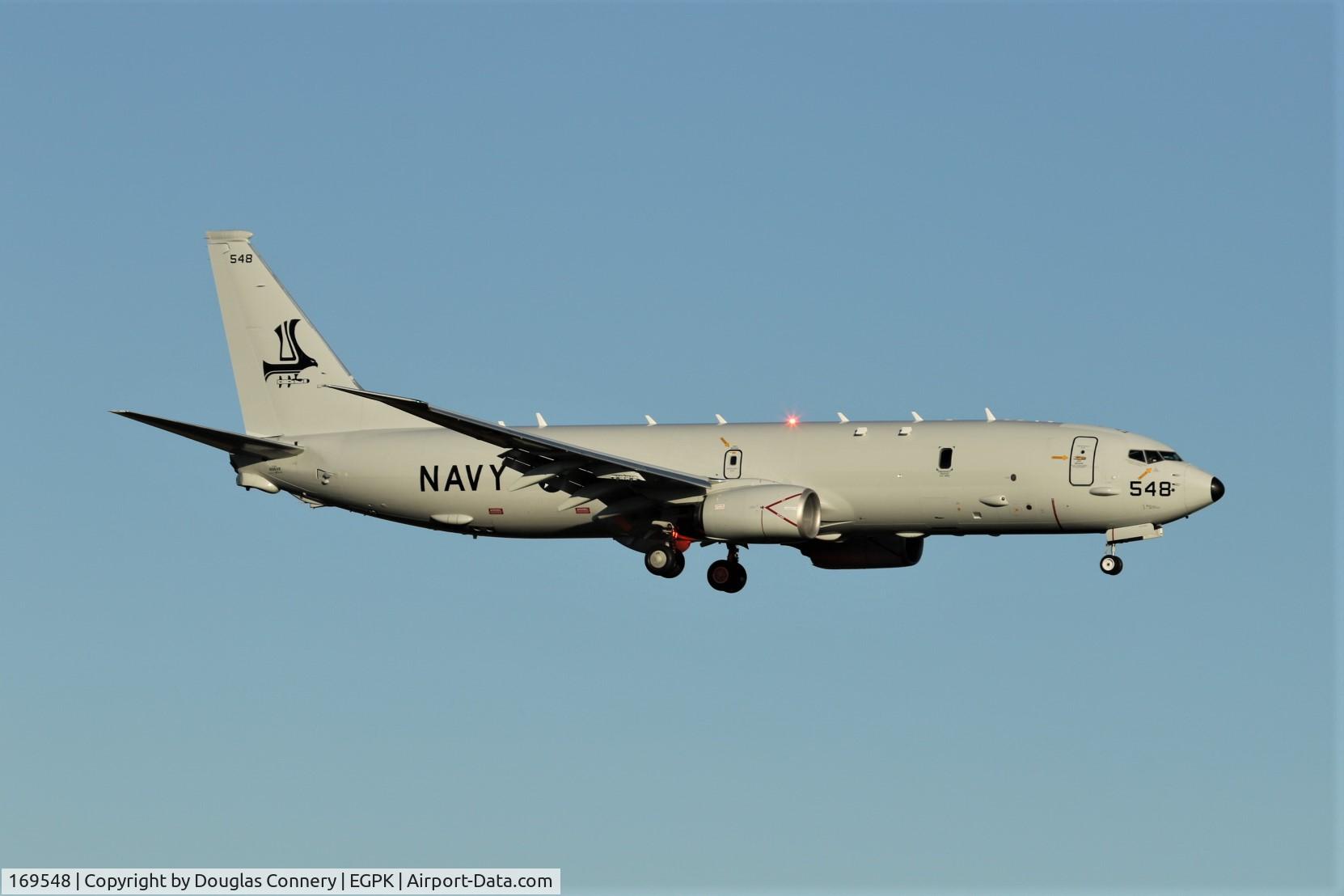 169548, 2019 Boeing P-8A Poseidon C/N 64078, US Navy P-8 from VP-9 Unit about to land runway 12 at Prestwick