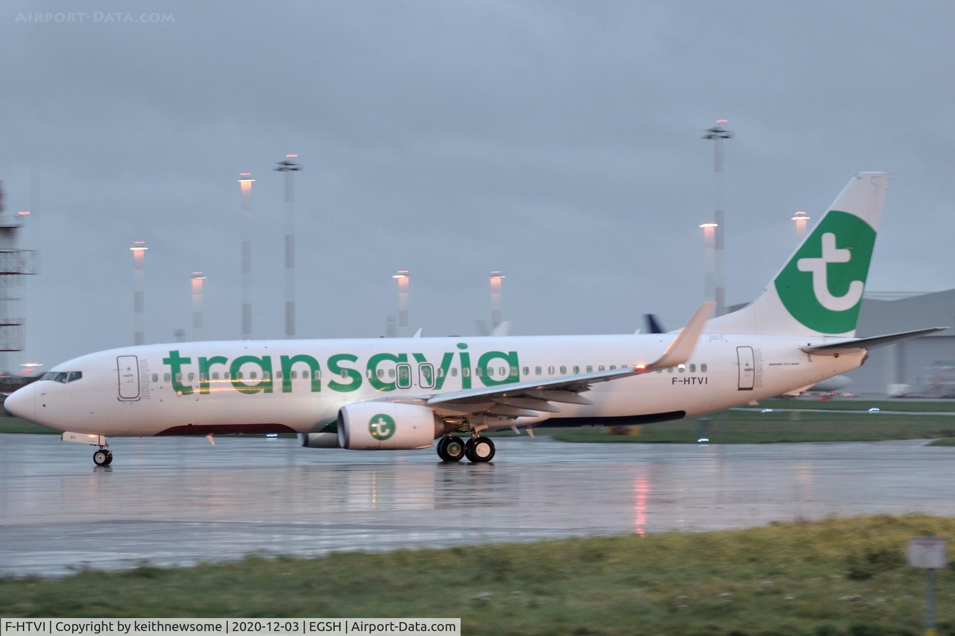 F-HTVI, 2018 Boeing 737-8K2 C/N 62164, Leaving Norwich for Amsterdam.