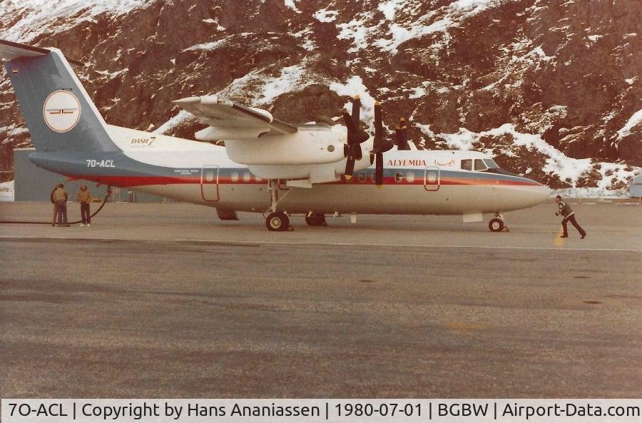 7O-ACL, 1980 De Havilland Canada DHC-7-103 Dash 7 C/N 23, Refueling stop at Narsarsuaq UAK / BGBW in Greenland