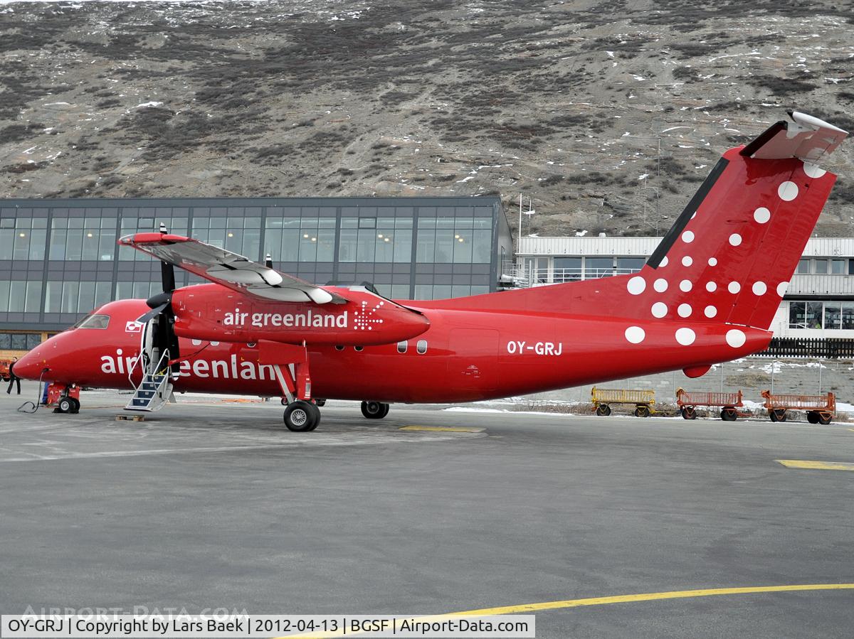 OY-GRJ, 1997 De Havilland Canada DHC-8-202 Dash 8 C/N 496, Resting in front of the Terminal