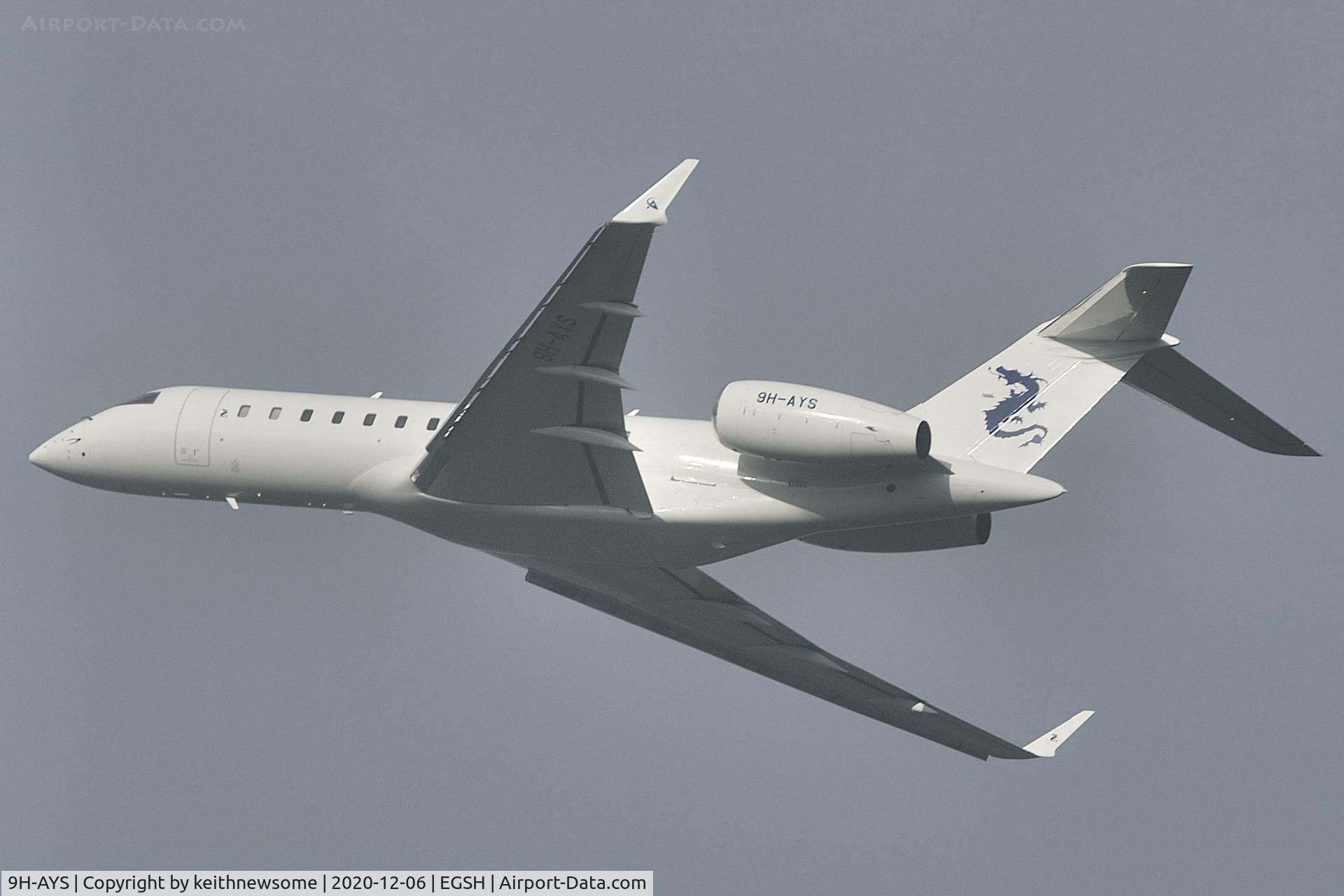 9H-AYS, 2001 Bombardier BD-700-1A10 Global Express C/N 9094, Leaving Norwich for Biggin Hill.