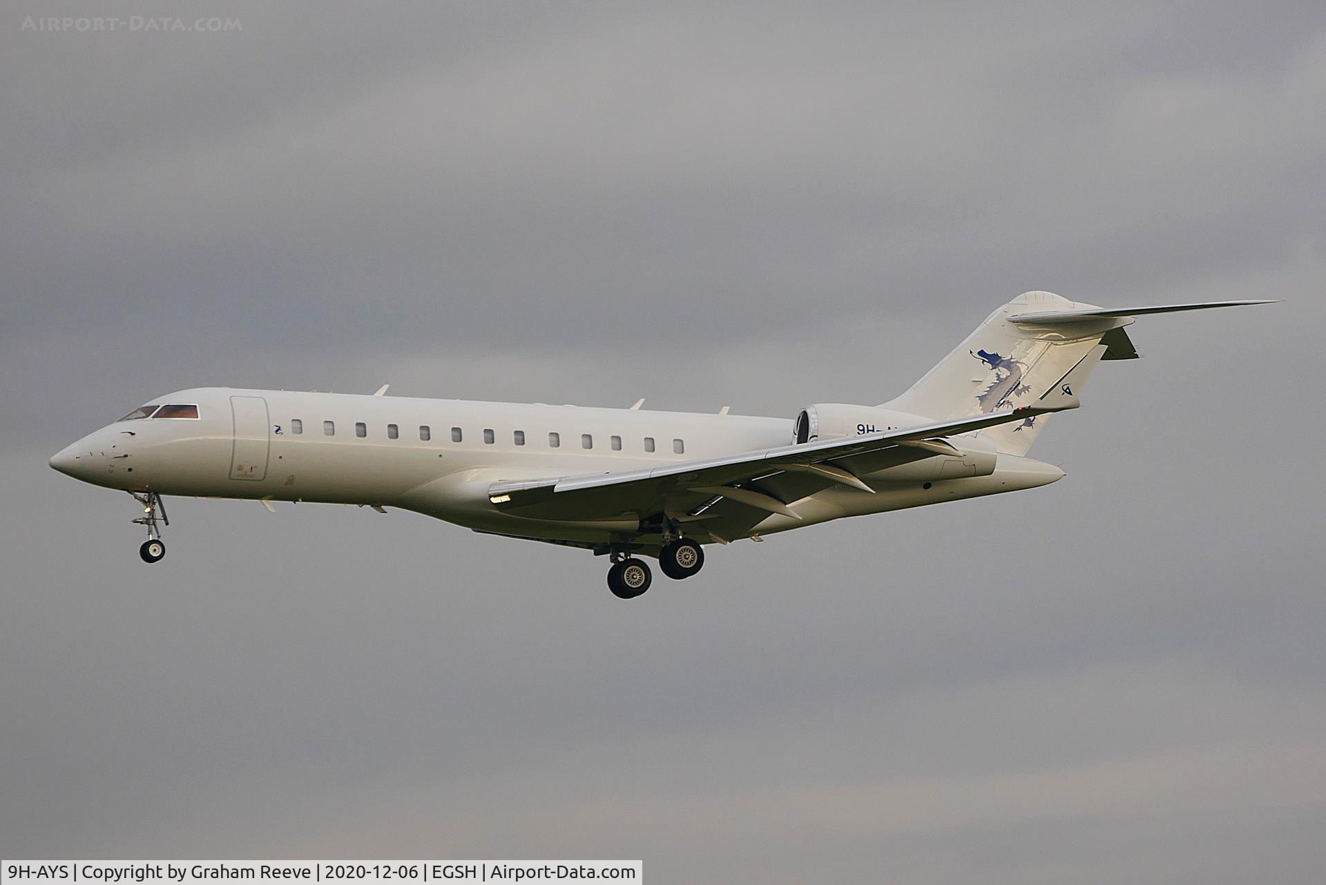 9H-AYS, 2001 Bombardier BD-700-1A10 Global Express C/N 9094, Landing at Norwich.
