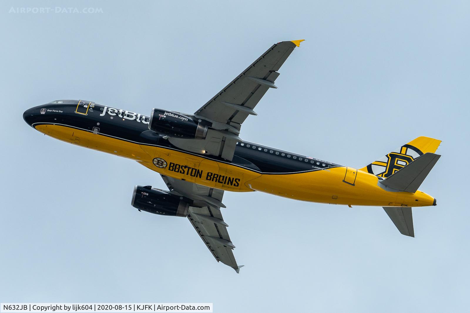 N632JB, 2006 Airbus A320-232 C/N 2647, Boston Bruins scheme on departure from JFK