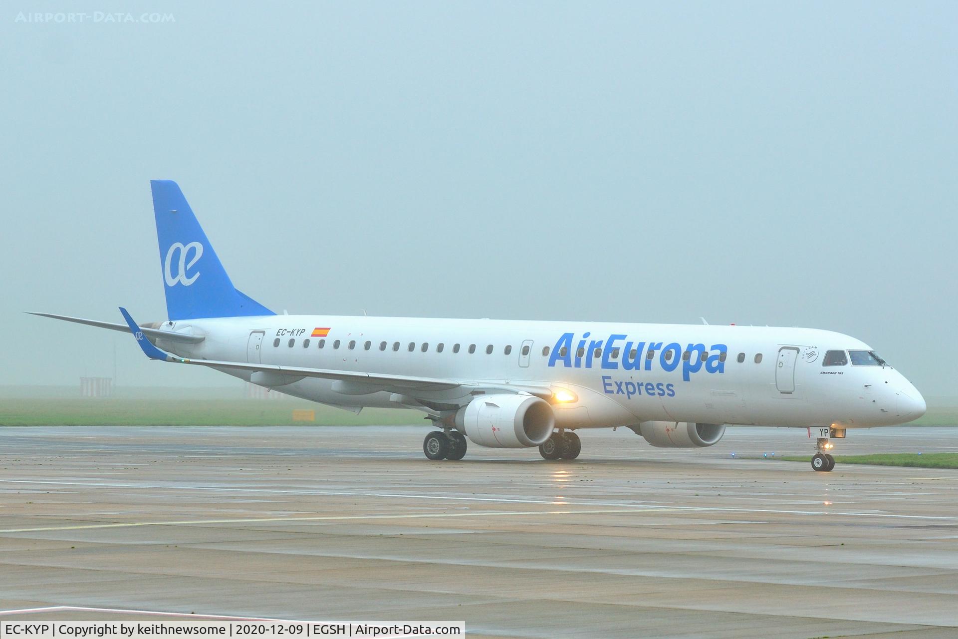 EC-KYP, 2010 Embraer 195LR (ERJ-190-200LR) C/N 19000281, Arriving at misty Norwich from Majorca.