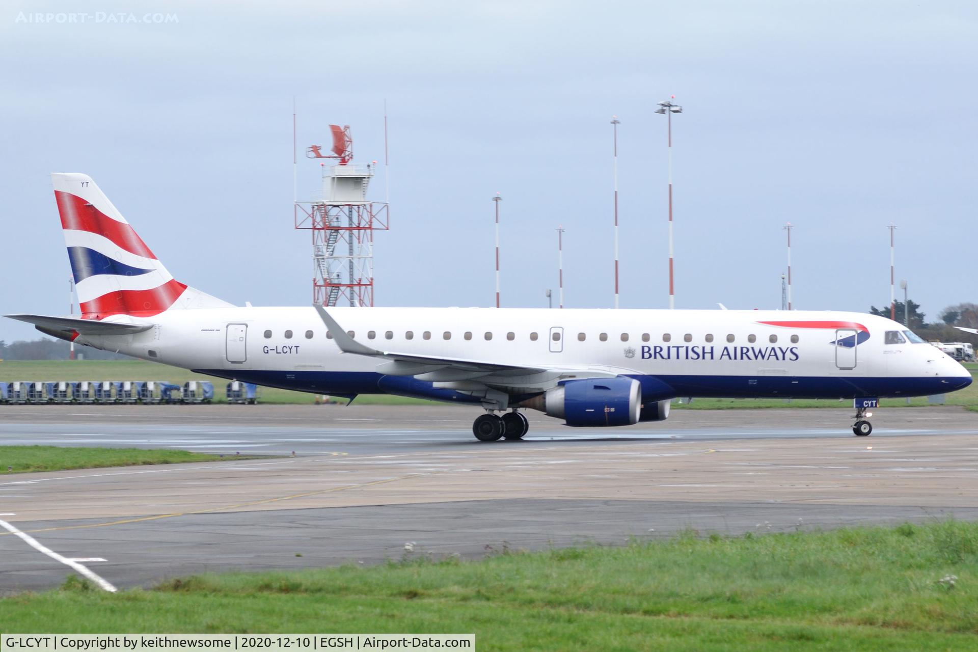 G-LCYT, 2014 Embraer 190SR (ERJ-190-100SR) C/N 19000670, Arriving at Norwich from London City Airport.
