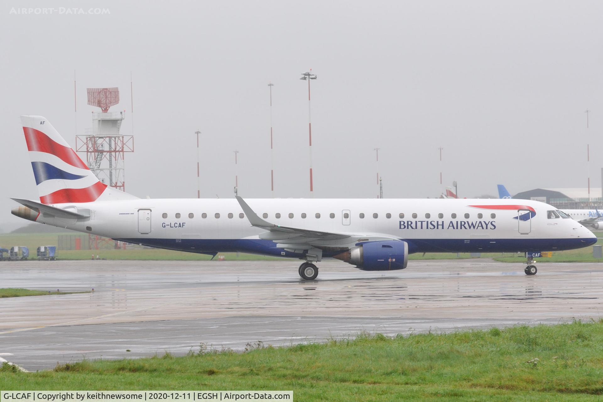 G-LCAF, 2012 Embraer 190LR (ERJ-190-100LR) C/N 19000548, Arriving at Norwich from Warsaw.