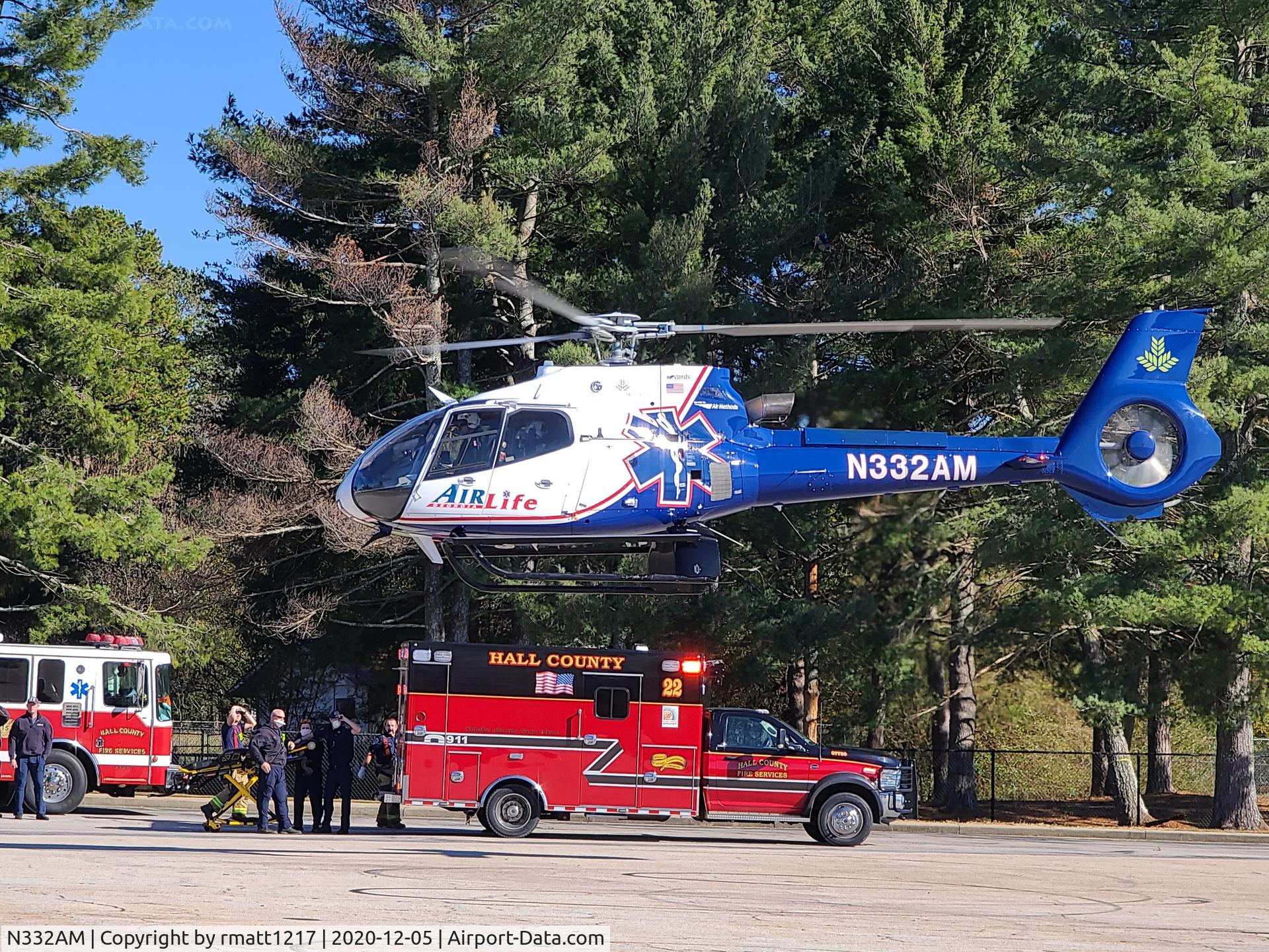 N332AM, Eurocopter EC-130B-4 (AS-350B-4) C/N 4658, Leaving scene near Gainesville, GA.