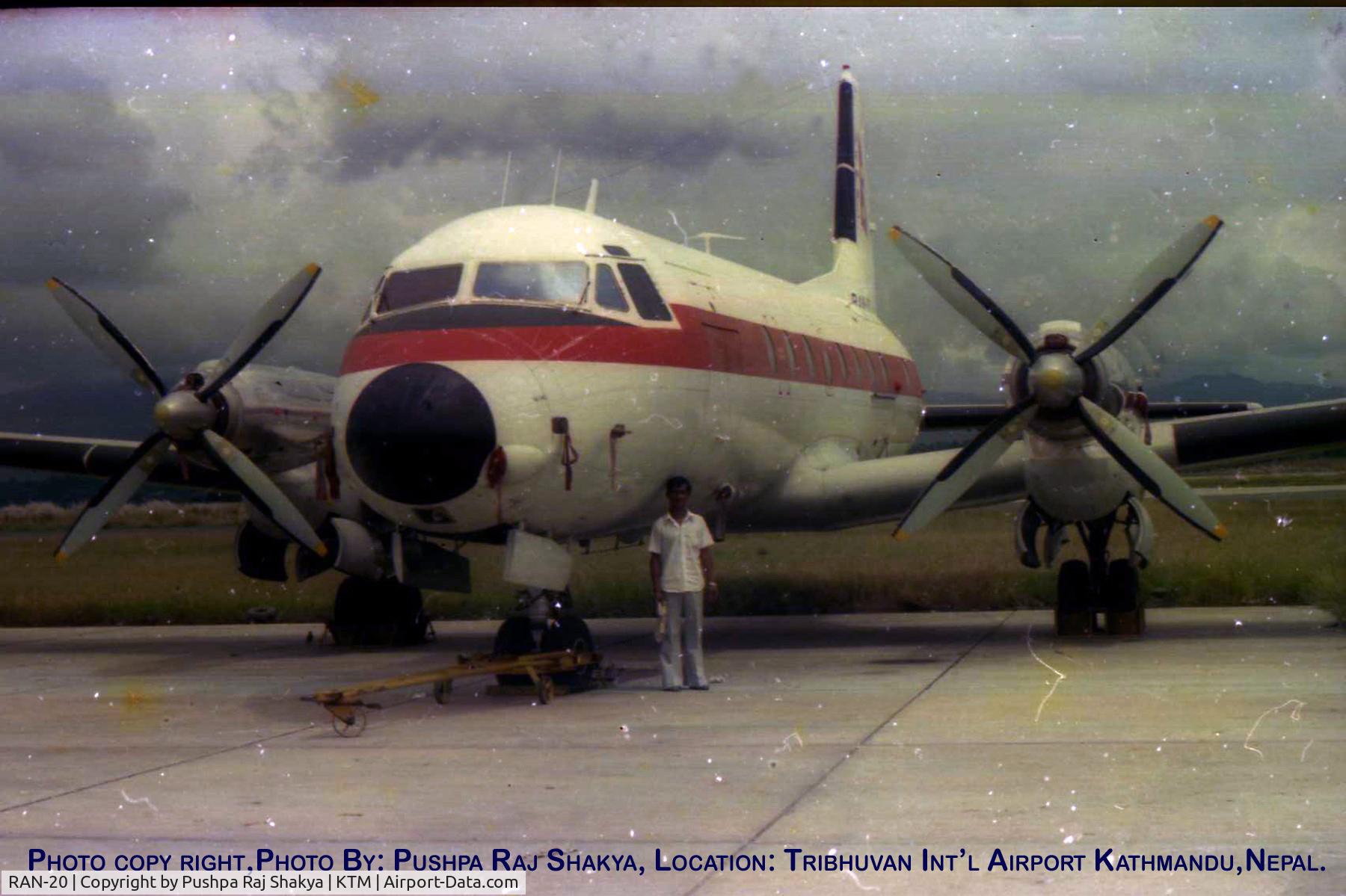 RAN-20, 1972 Hawker Siddeley HS.748 Series 2A C/N 1698, On 1983 I was A & C Technician of this aircraft. Photo taken at Tribhuvan Int'l Airport Kathmandu, Nepal.