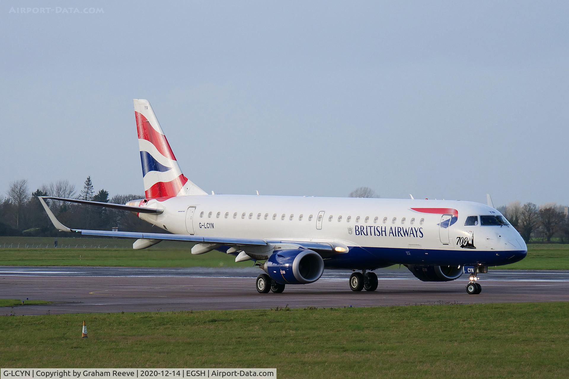 G-LCYN, 2010 Embraer 190SR (ERJ-190-100SR) C/N 19000392, Departing from Norwich.