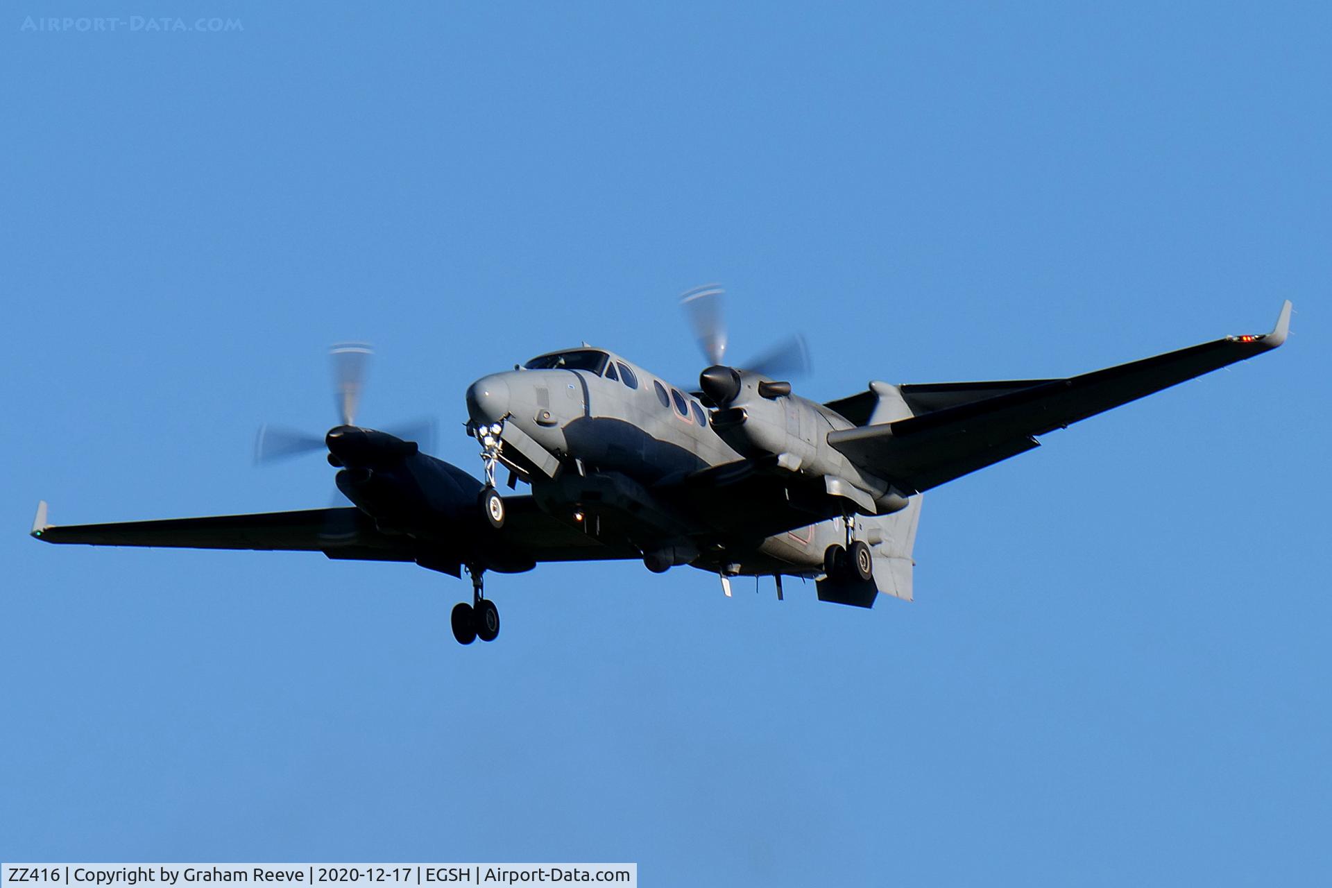 ZZ416, 2007 Beechcraft Shadow R.Mk1 (350CER) Super King Air C/N FM-14, On approach to Norwich.