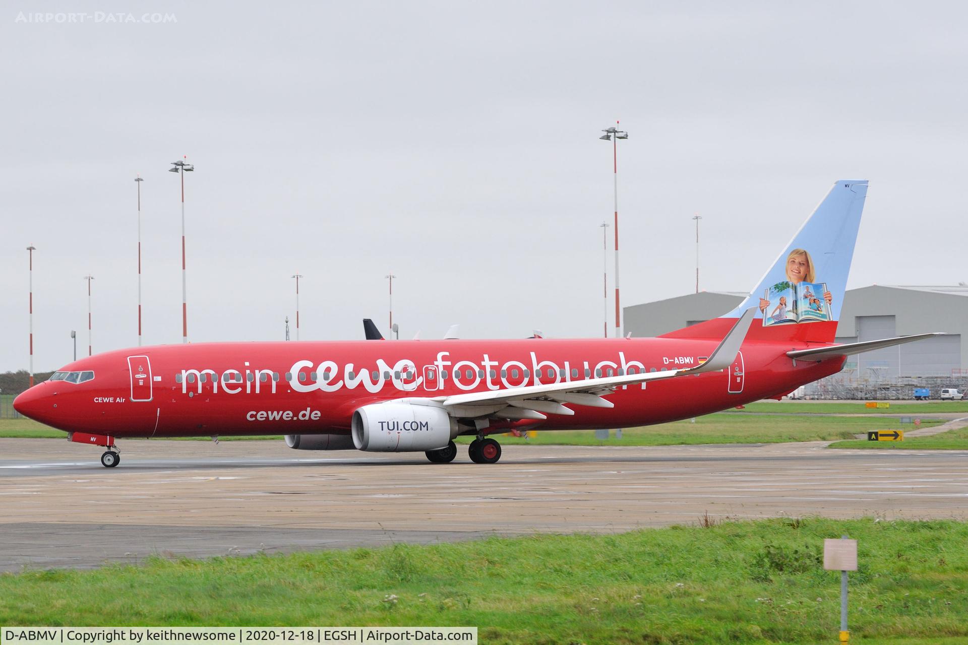 D-ABMV, 2013 Boeing 737-86J C/N 37785, Leaving Norwich for Hamburg, following minor paintwork.