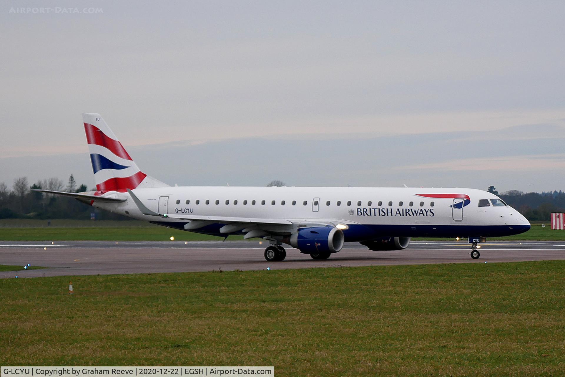 G-LCYU, 2014 Embraer 190SR (ERJ-190-100SR) C/N 19000674, Departing from Norwich.