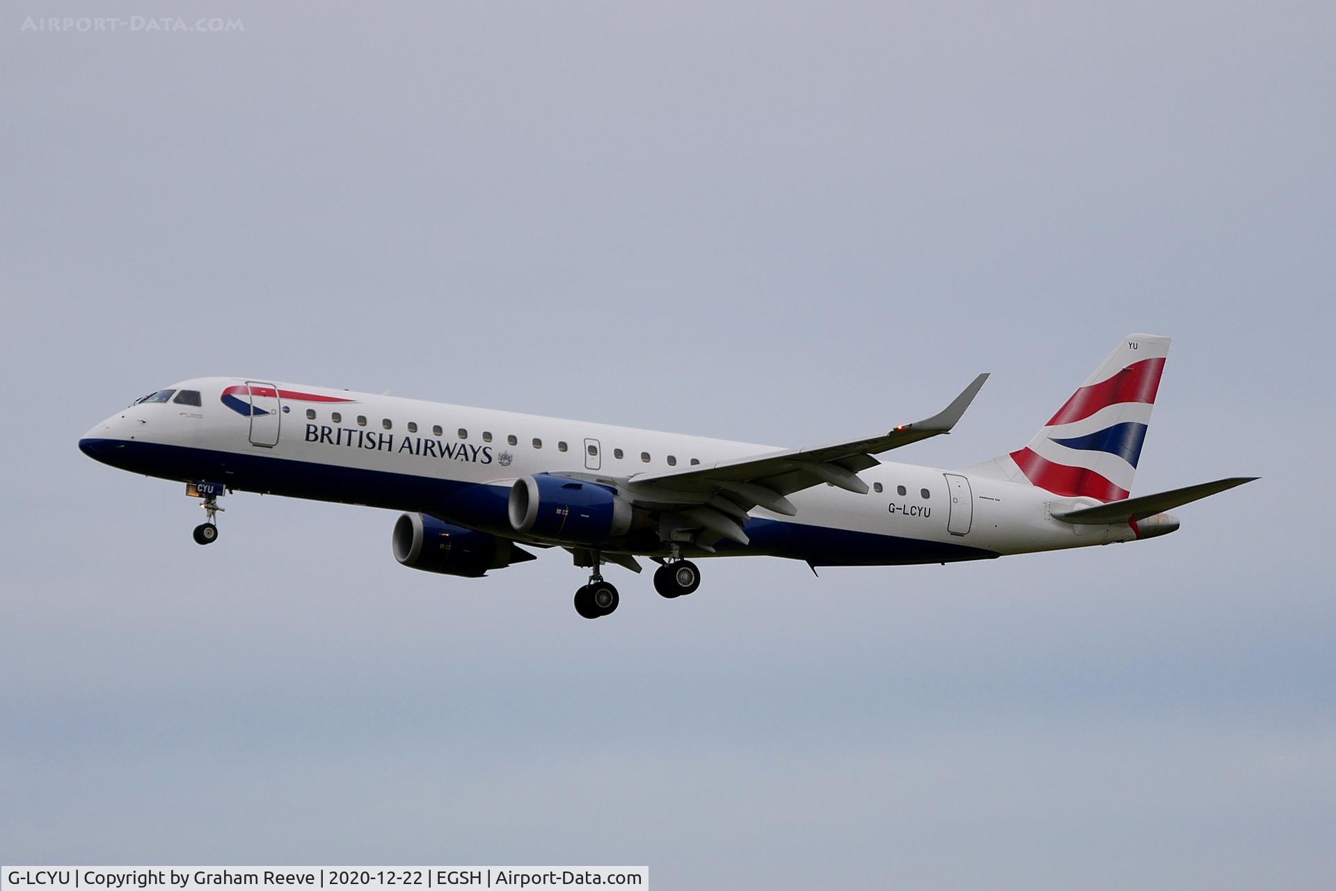 G-LCYU, 2014 Embraer 190SR (ERJ-190-100SR) C/N 19000674, Landing at Norwich.