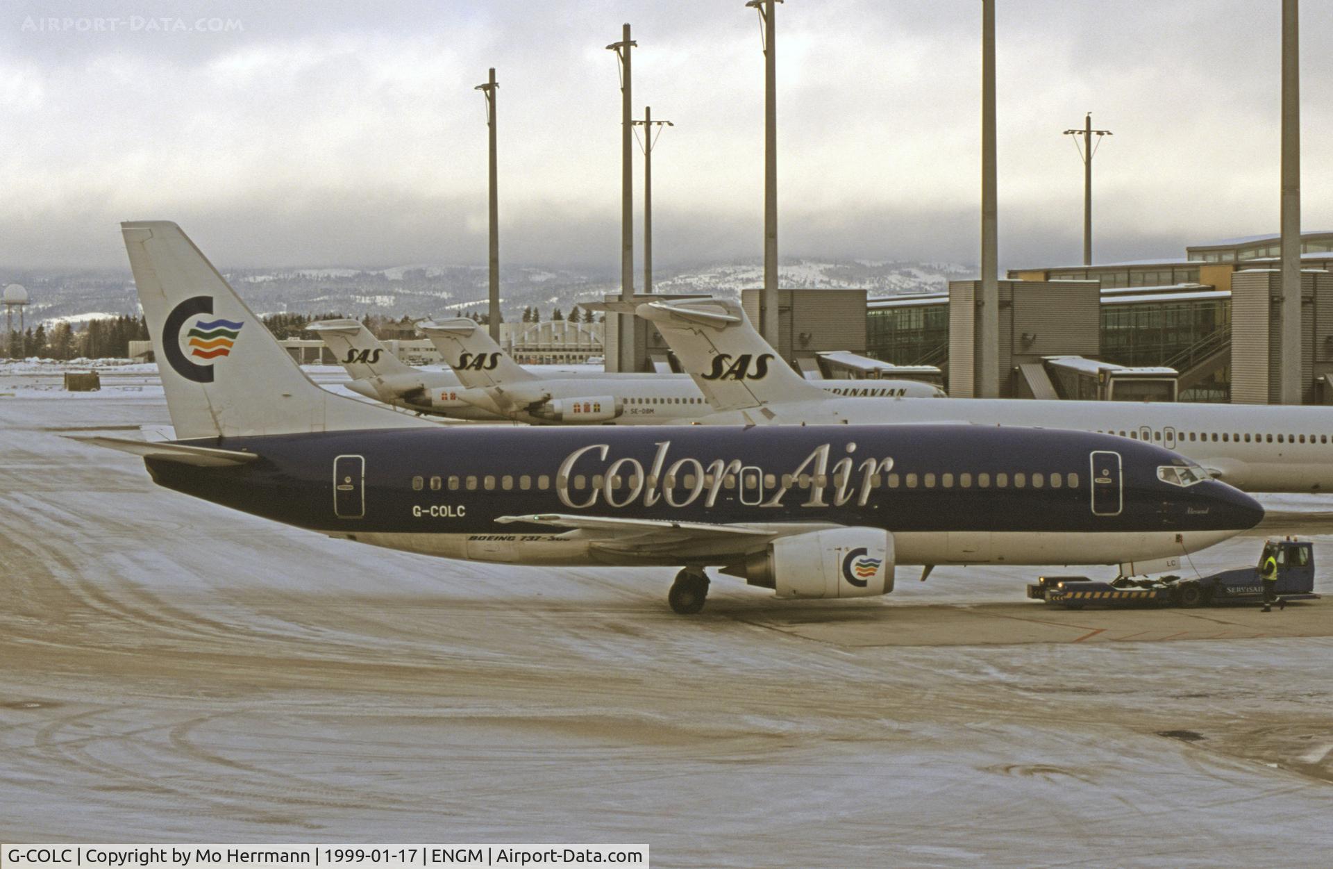 G-COLC, 1993 Boeing 737-3Q8 C/N 26286, taken on slide on a dull day in January 1999. Bad quality into the camera = bad quality when scanning... sorry.