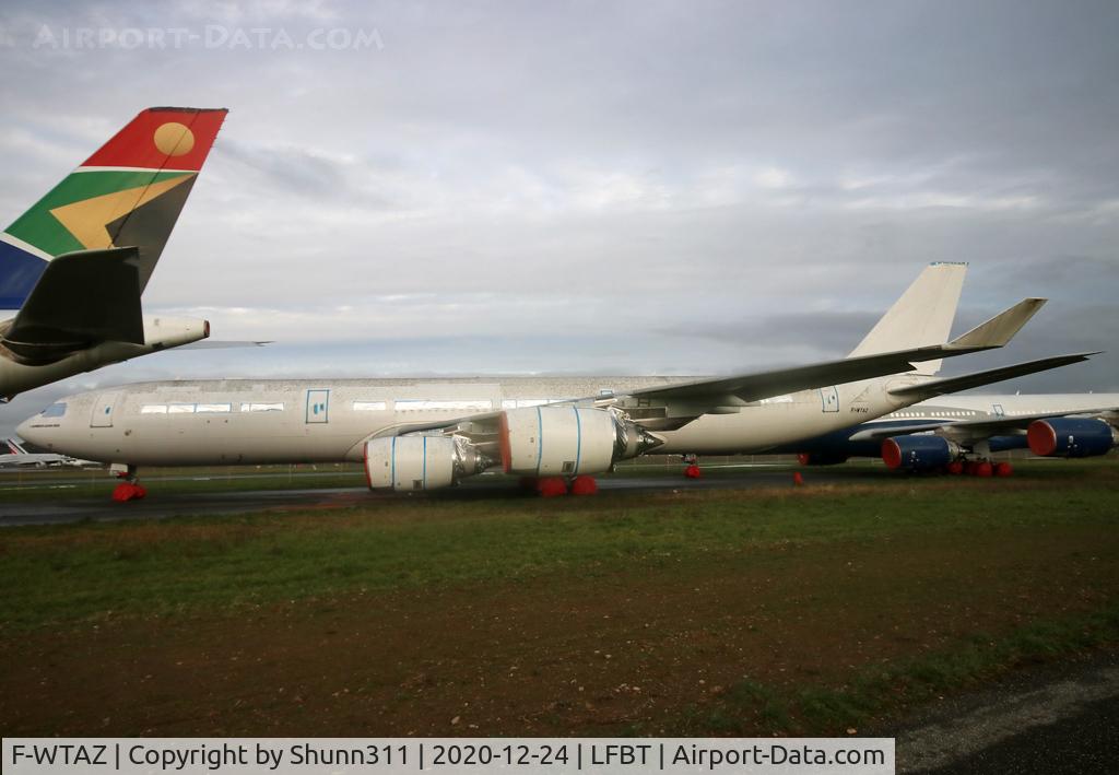 F-WTAZ, Airbus A340-541 C/N 608, Only sole A340-500 stored @LDE with still Emirates marks on tail...