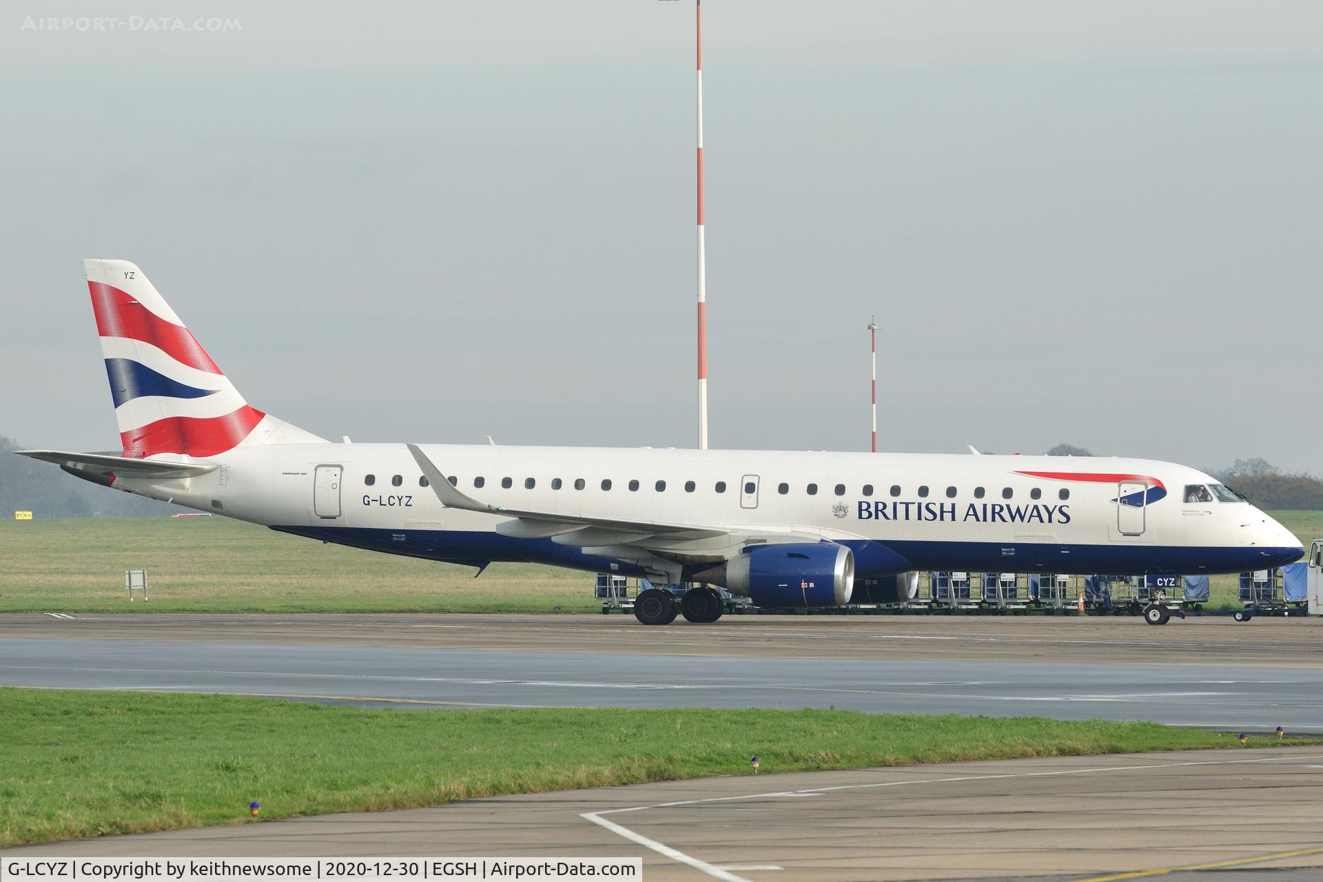 G-LCYZ, 2011 Embraer 190LR (ERJ-190-100LR) C/N 19000404, Arriving at Norwich from London City Airport.