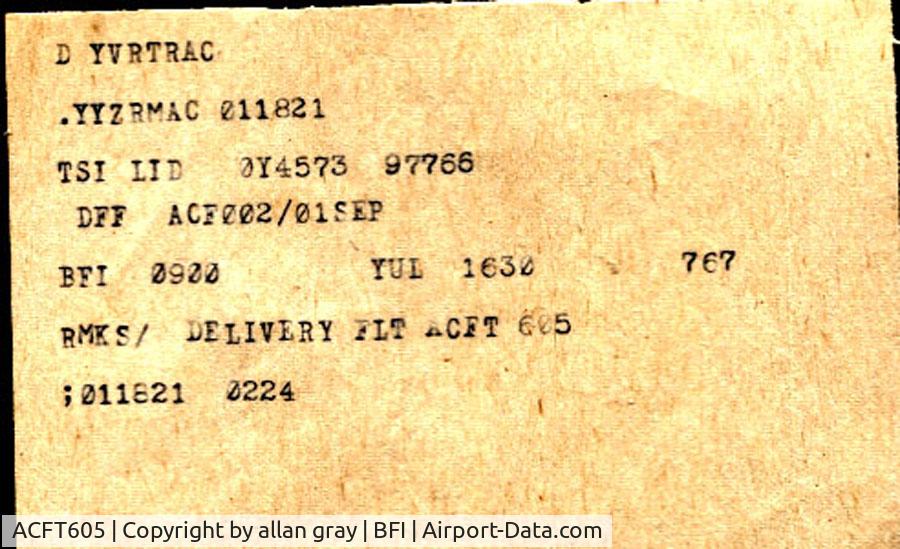 ACFT605, 1982 Boeing 767-200 C/N Not found, Delivery Teletype Sep 1 BFI to YUL