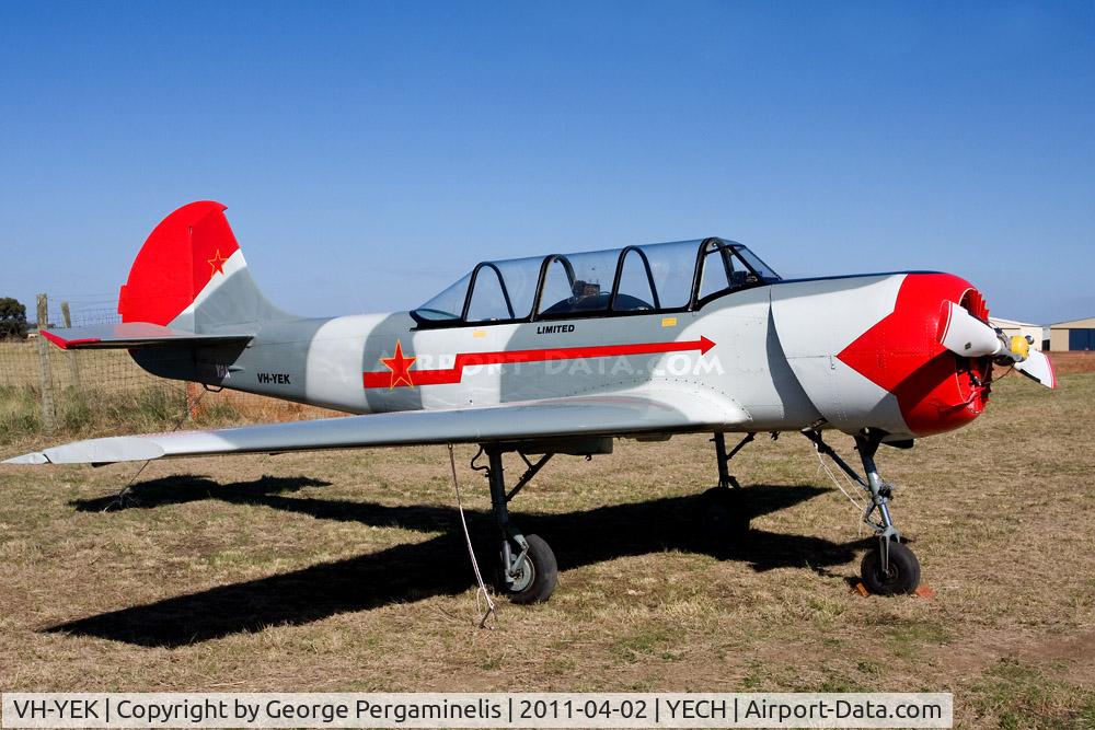 VH-YEK, 1985 Yakovlev Yak-52 C/N 855807, Antique Aeroplane Assn of Australia National Fly-in.