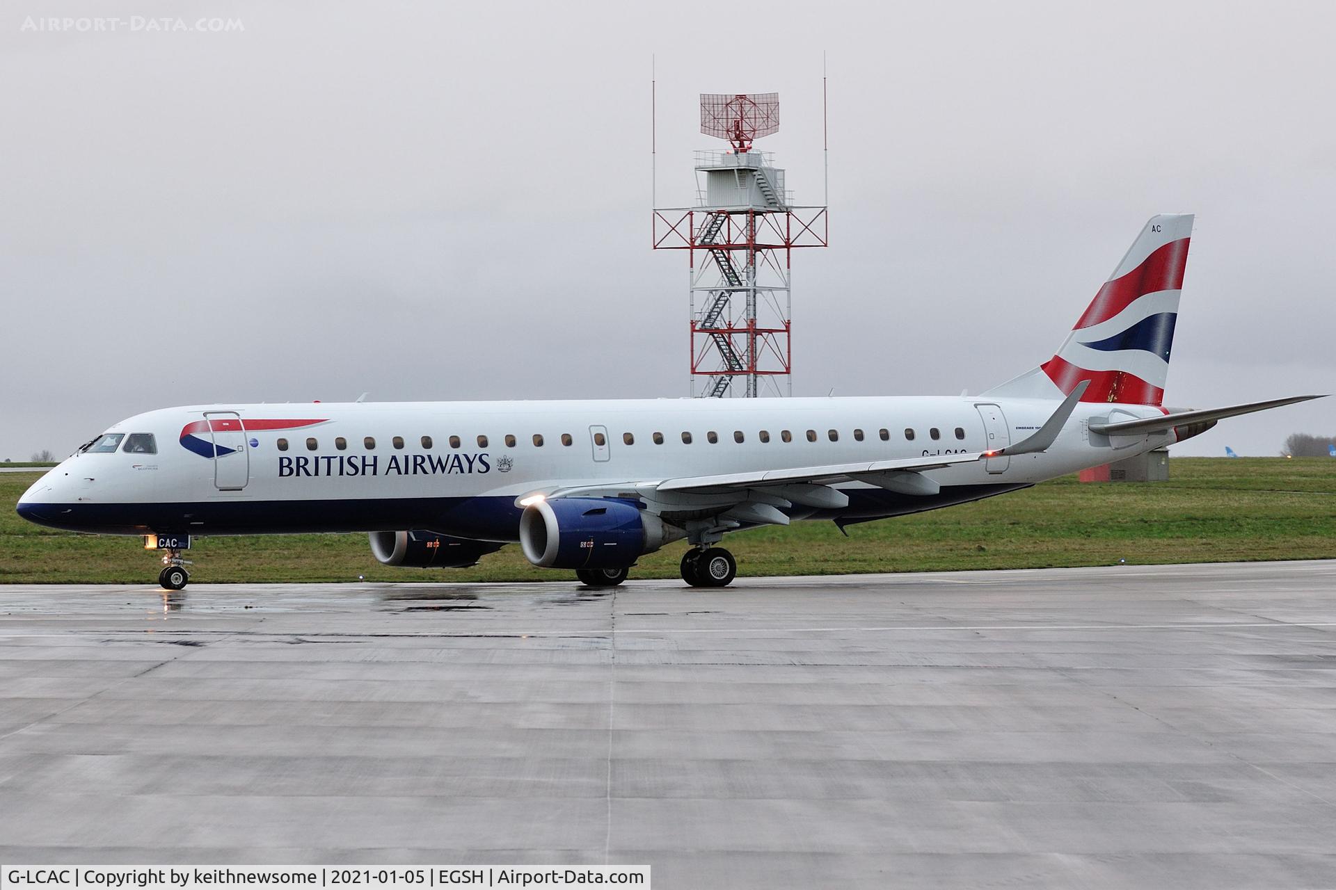 G-LCAC, 2012 Embraer 190LR (ERJ-190-100LR) C/N 19000513, Leaving Norwich for short test flight.