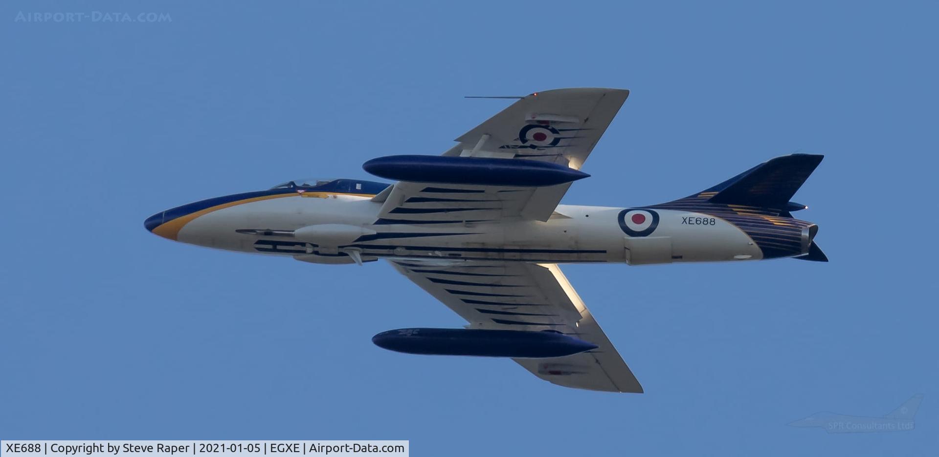 XE688, 1955 Hawker Hunter GA.11 C/N XE688, Hunter T72, serial XE704 (marked as XE688) of Hawker Hunter Aviation Ltd. On approach to RAF Leeming. a former chaseplane used as PP-XHH by the Brazilian manufacturer Embraer