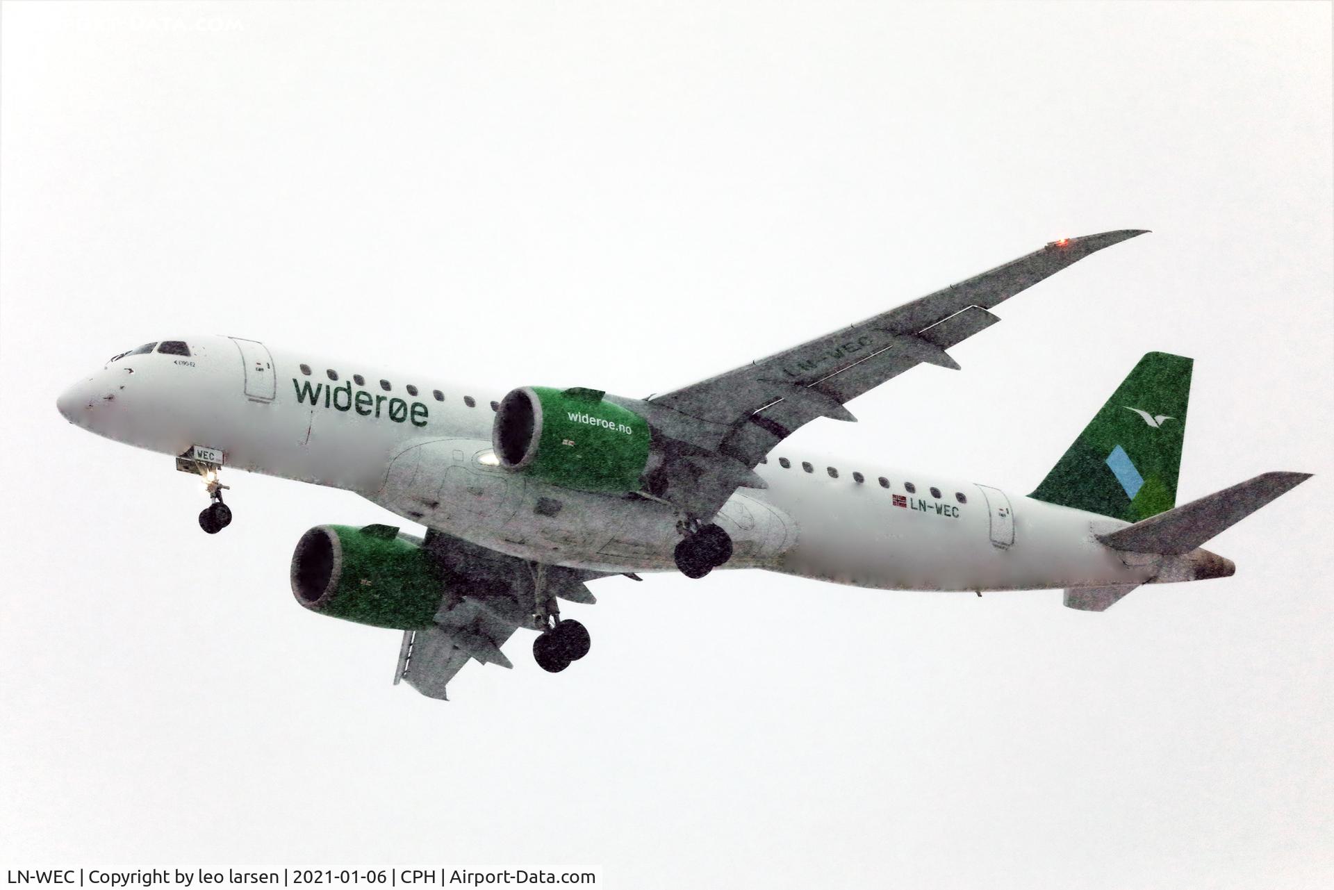 LN-WEC, 2018 Embraer 190-E2 (ERJ-190-300) C/N 19020011, Copenhagen 6.1.2021 in snow shower.
