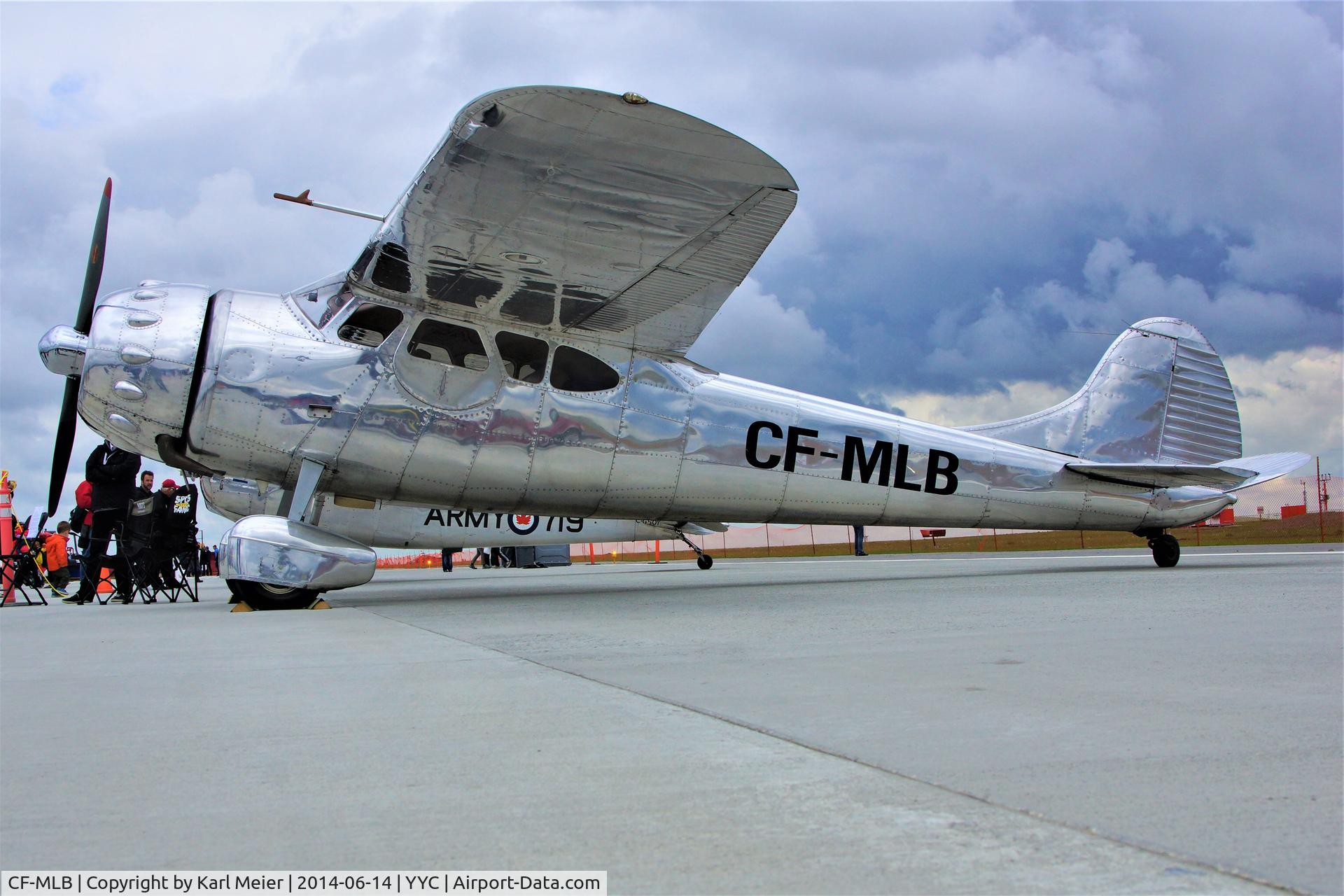 CF-MLB, 1951 Cessna 195 C/N 7675, Aircraft photographed at Calgary Run & Roam Show - June 14 & 15, 2014. The Cessna 190 – 195 was produced in 1948 and 1953. Model 190 – 195 is a single-radial engine aircraft and is configured as a cantilever high-wing aircraft with a conventional tail.