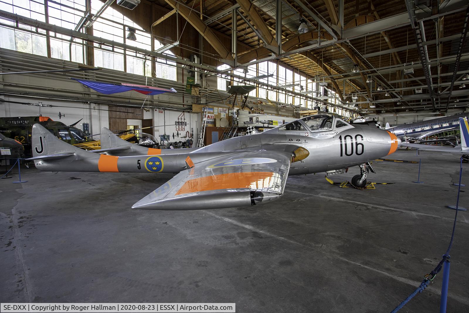 SE-DXX, 1953 De Havilland DH-115 Vampire T.55 C/N DHP 40303, A picture taken at the Västerås Airmuseum 2020