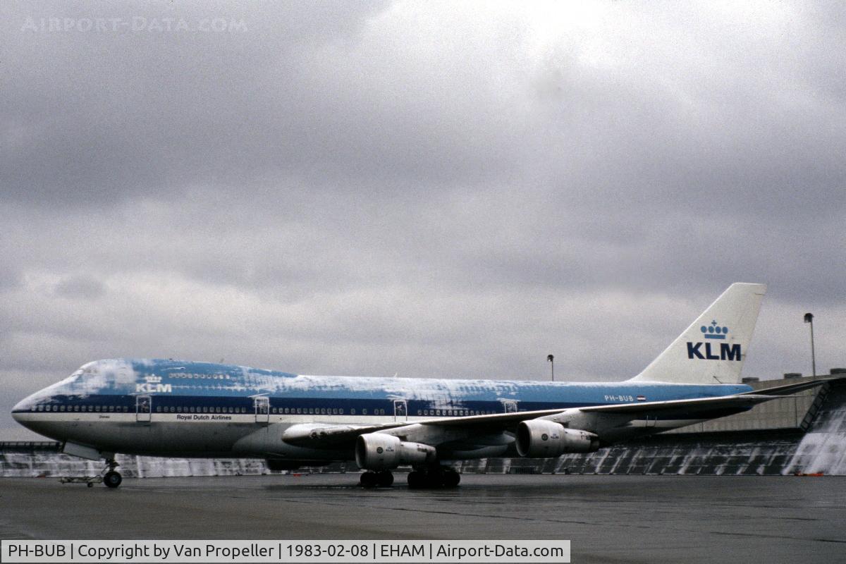 PH-BUB, 1971 Boeing 747-206B C/N 19923, Snow-covered KLM Boeing 747-206B on the platform in front of the hangars at Schiphol-Oost, the Netherlands, 1983