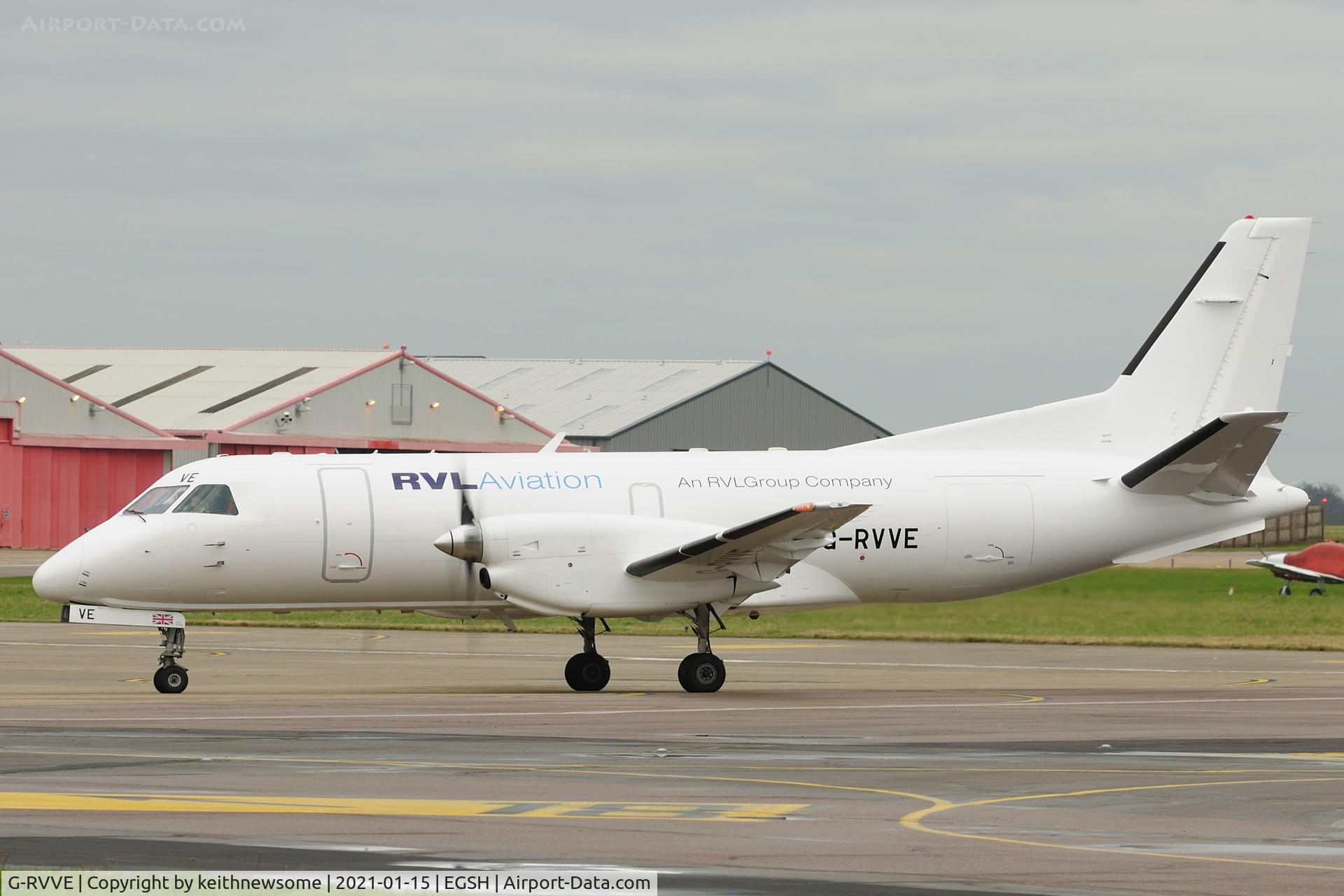G-RVVE, 1989 Saab SF340B C/N 340B-223, Arriving at Norwich from East Midlands Airport.