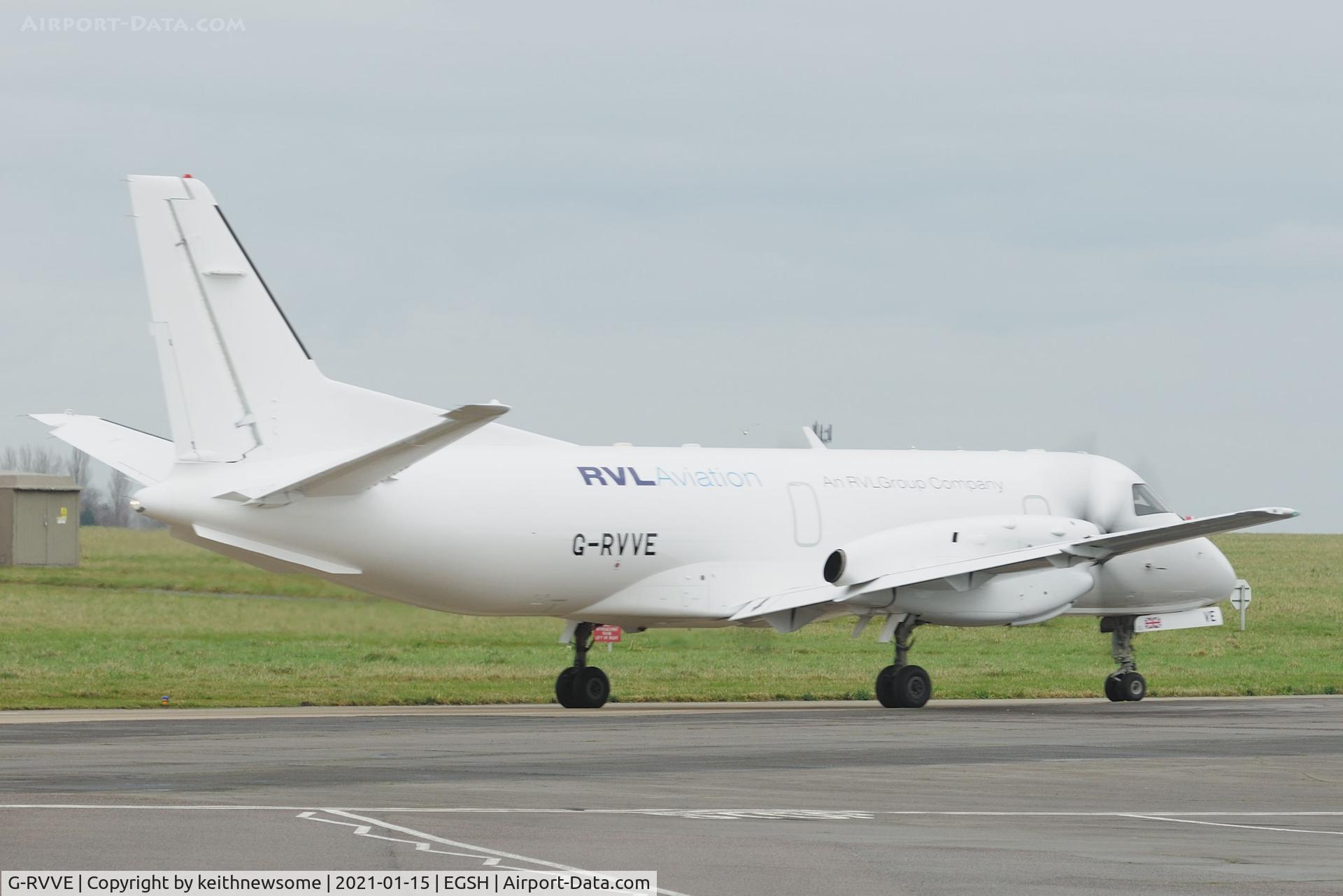 G-RVVE, 1989 Saab SF340B C/N 340B-223, Leaving Norwich for East Midlands Airport.