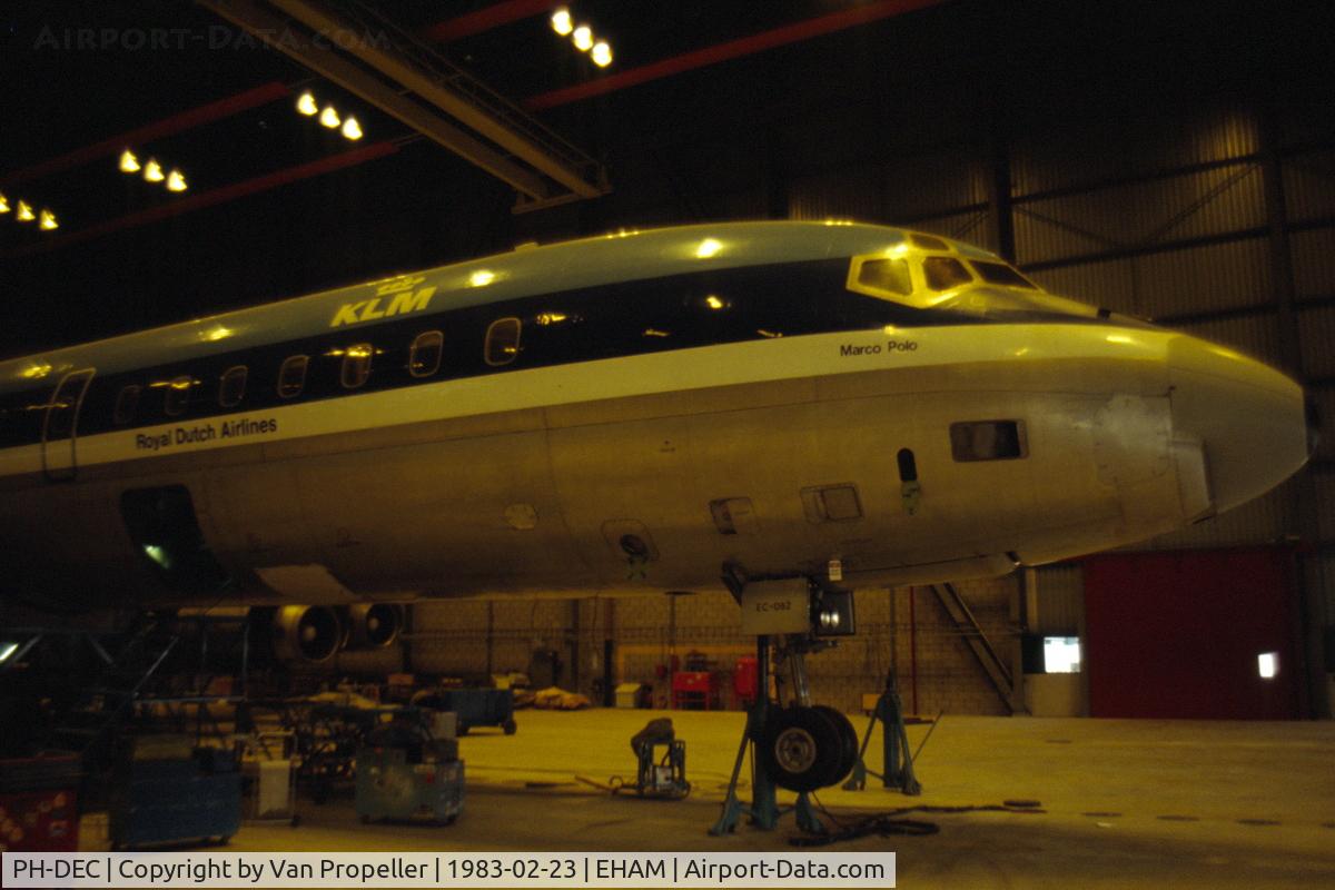 PH-DEC, 1968 Douglas DC-8-63 C/N 45999, KLM Douglas DC-8-63 in a hangar at Schiphol-Oost for maintenance, 1983